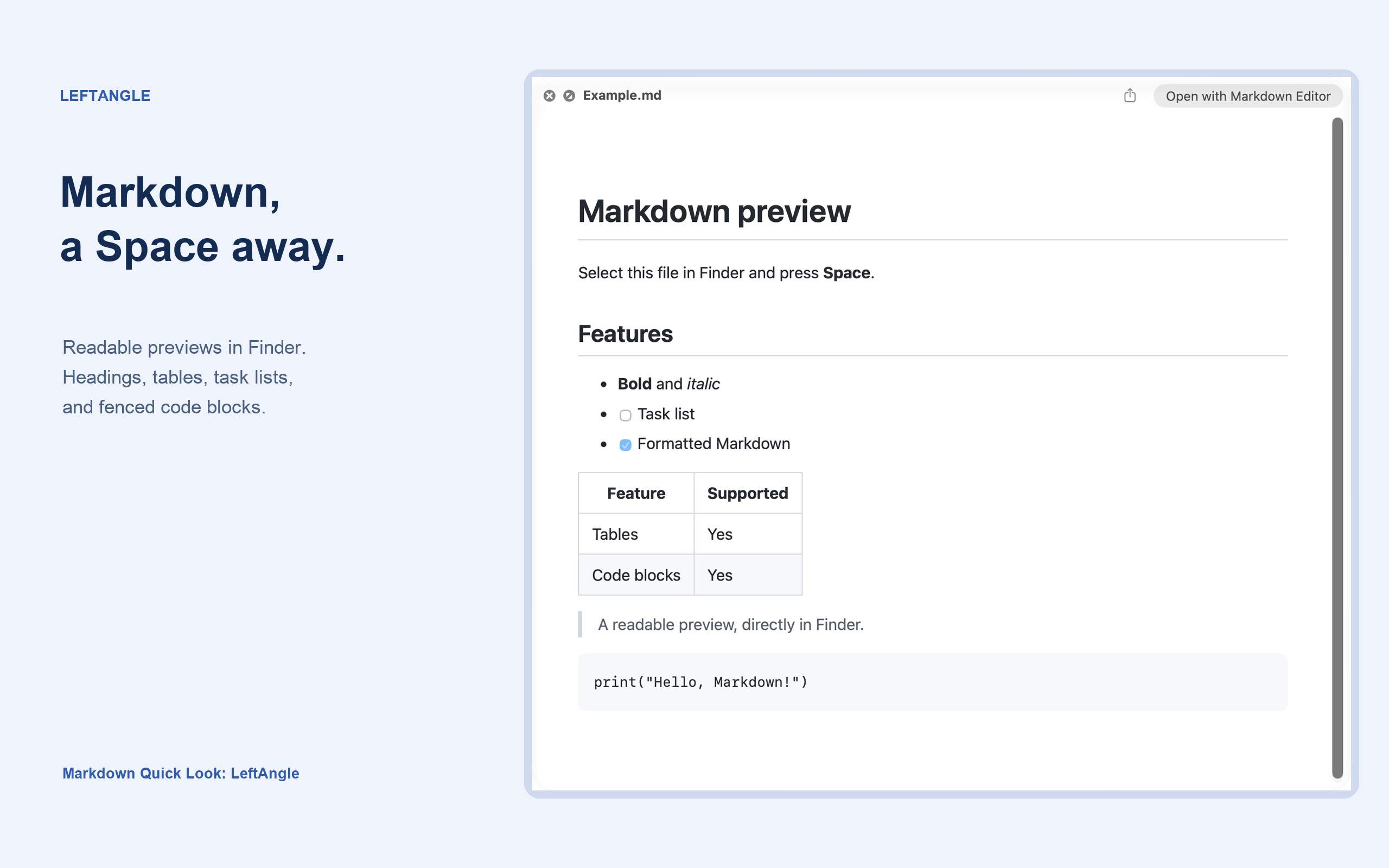 Markdown Quick Look displaying a formatted Markdown document in a Finder preview