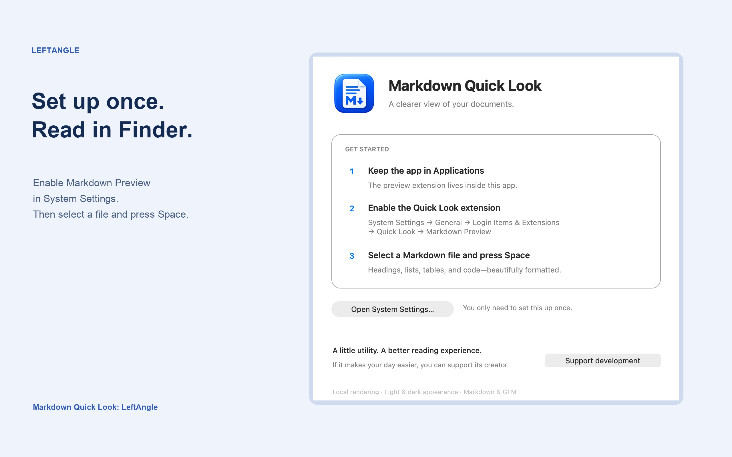 The Markdown Quick Look setup window showing instructions for enabling Finder previews
